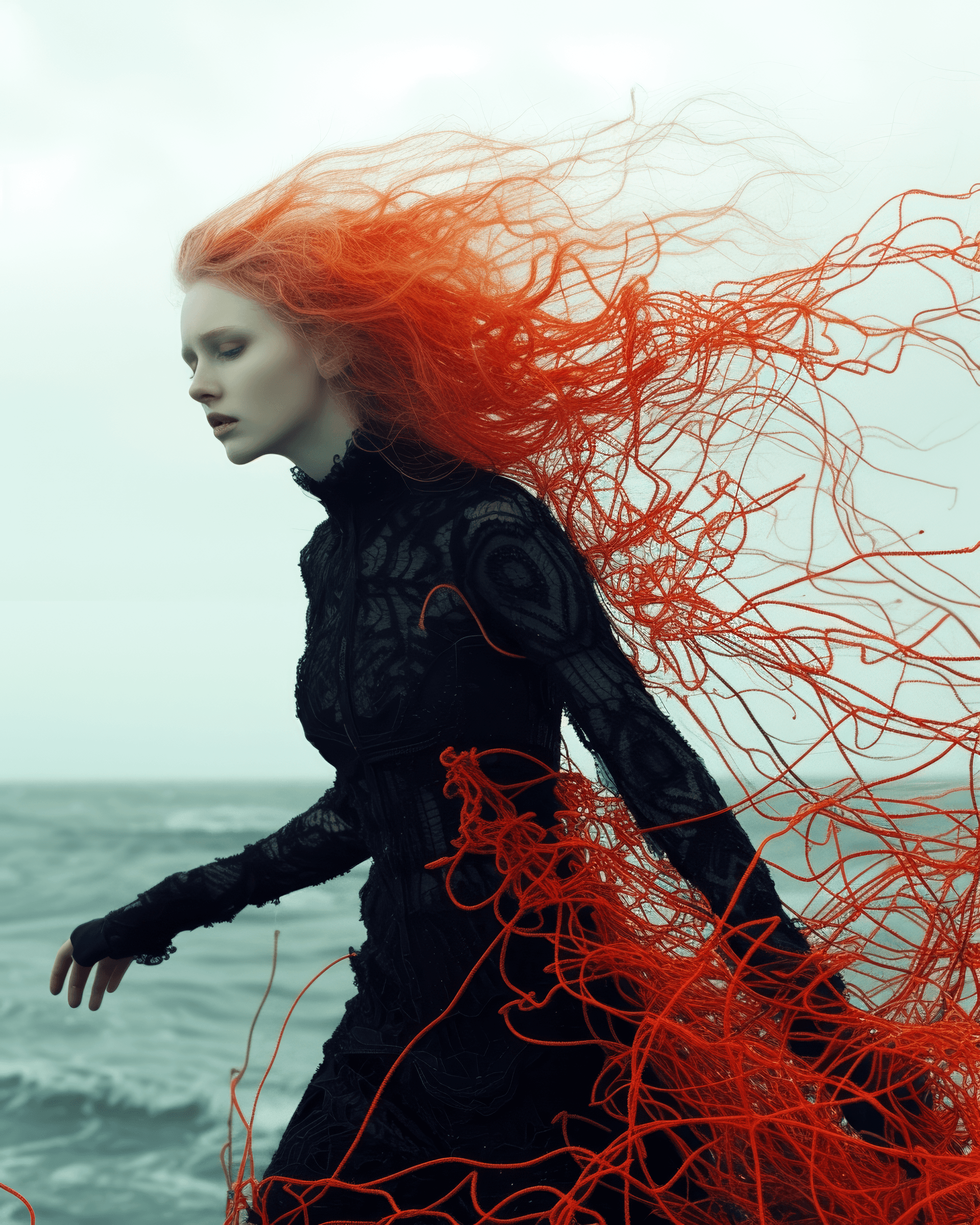 AI generated: swedish hairdresser mara senilin in a dark suit that is blown up, in the style of red threads, natur...