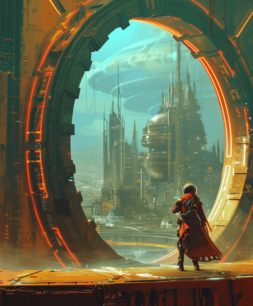 AI generated: A female space pirate in front of the giant round portal, with a futuristic cityscape inside, in the...
