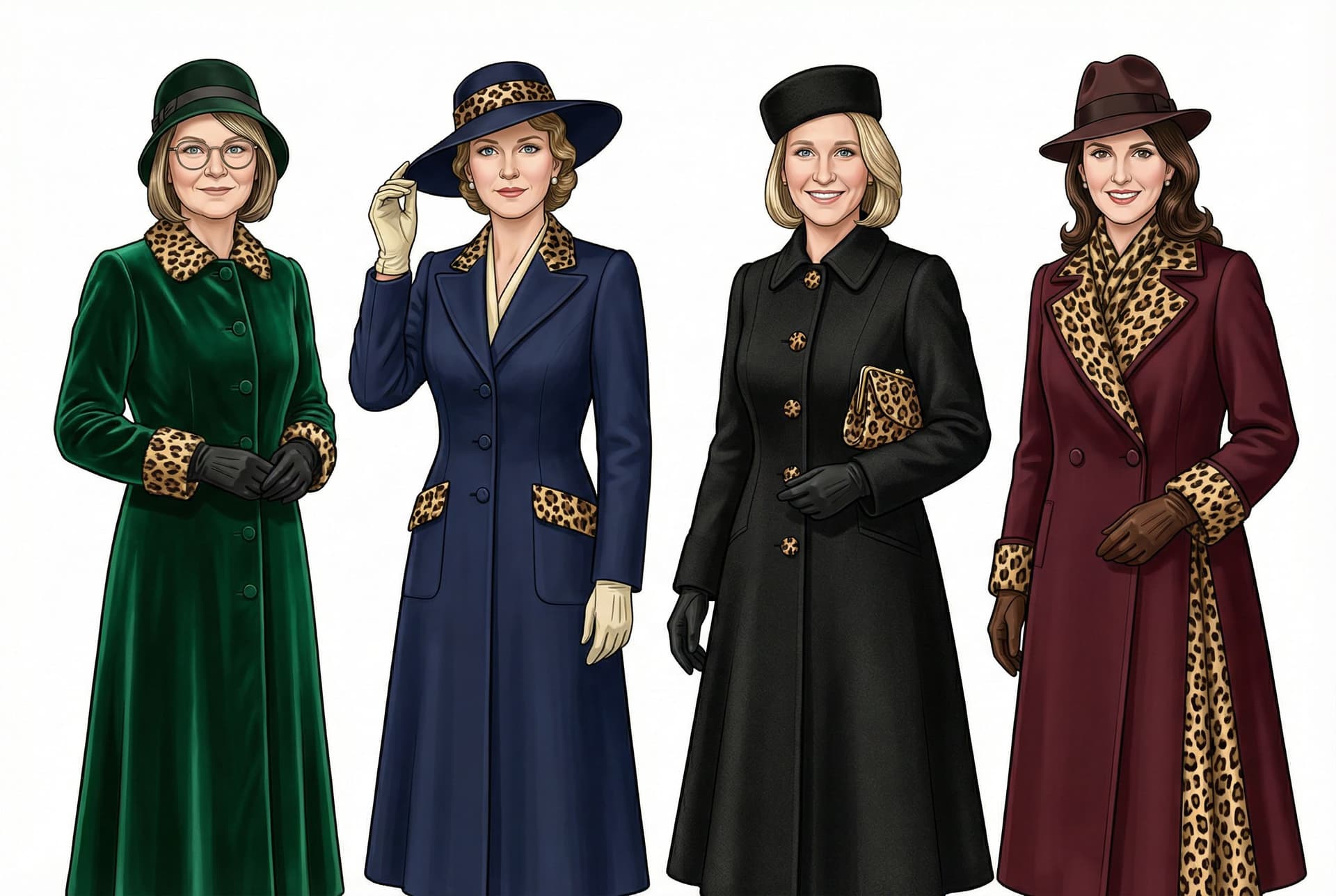 AI generated: "Four women in elegant vintage fashion, full-body clipart on a white background, dressed for an even...
