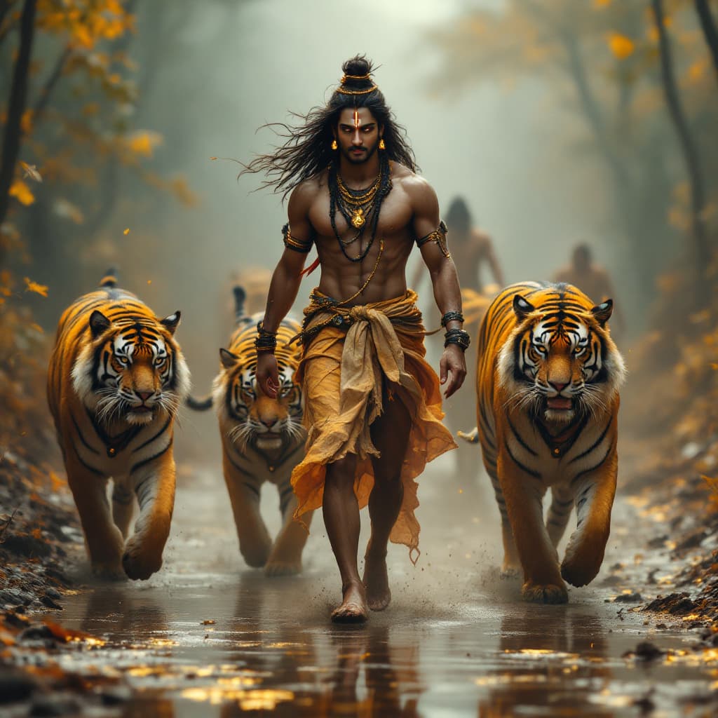 AI generated: Lord Shiva walking with Tigers made of gold, on the muddy road, halation