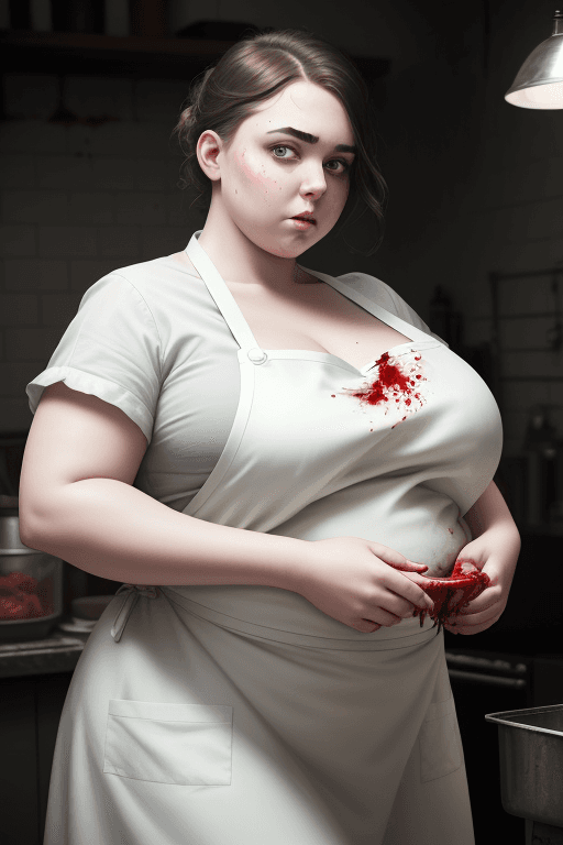 AI generated: RAW photo, low key, cinematic composition, fat  female butcher, woman, rim light, blood (white latex...