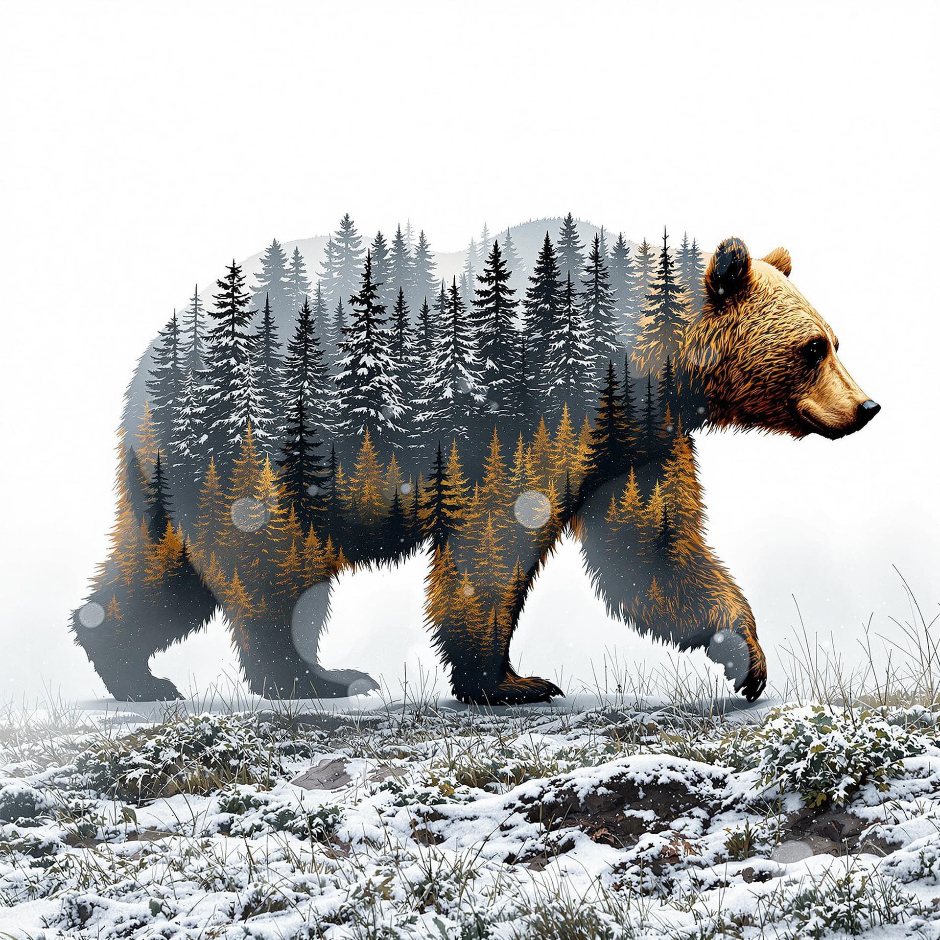 AI generated: The image displays a captivating blend of natural elements where the silhouette of a bear is seamles...
