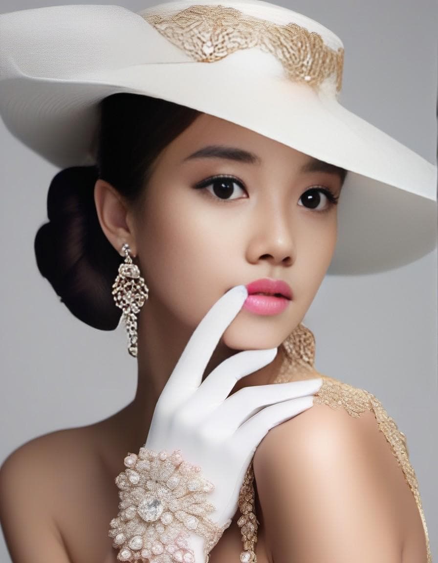AI generated: Model wearing a luxury white hat and gloves with gold and diamonds, the face is hidden in the style ...