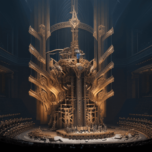 AI generated: Giant fantasy machinery made of orchestra instruments, intricate metalwork, high fantasy, dramatic l...