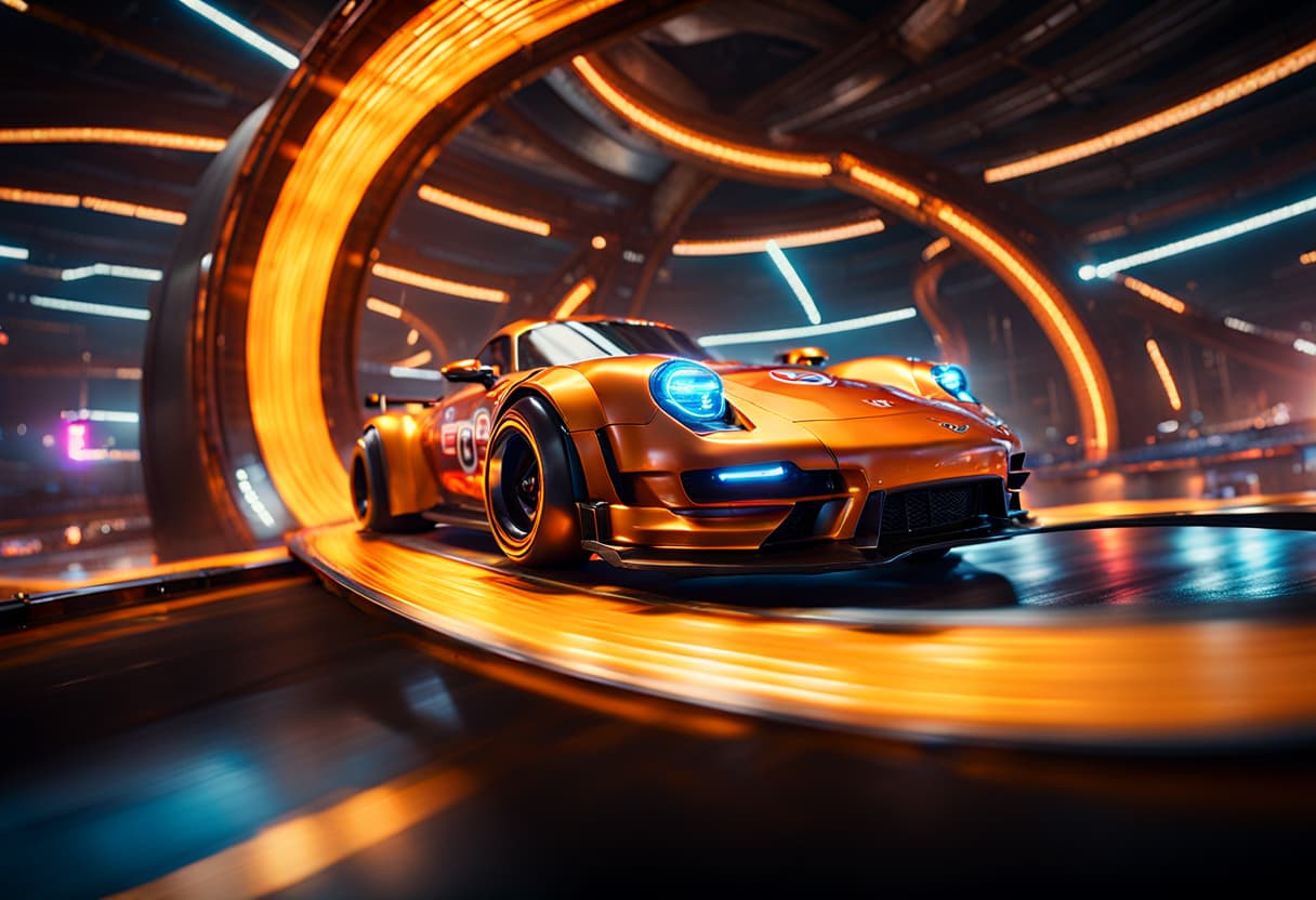 AI generated: cinematic CG 8k wallpaper, action scene from Hot Wheels tabletop racing game, bogus room environment...