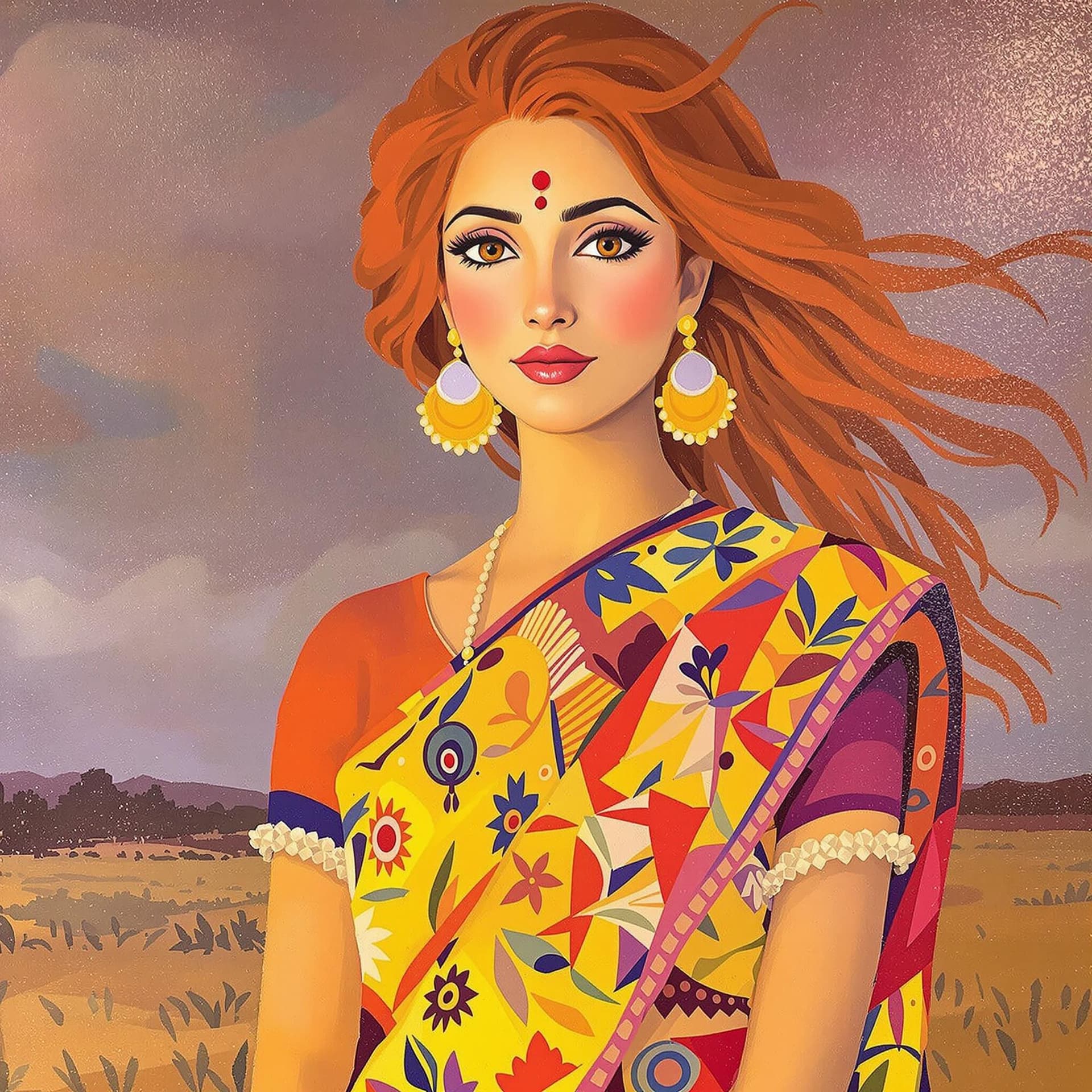 AI generated: The image features a painting of an Indian woman with red hair, wearing a colorful saree. She is sta...
