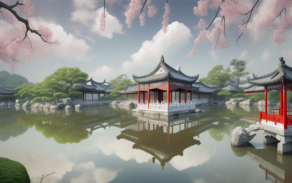 AI generated: dream like world, chinese garden architecture,suzhou style,white clouds lingering,seven fairies,surr...