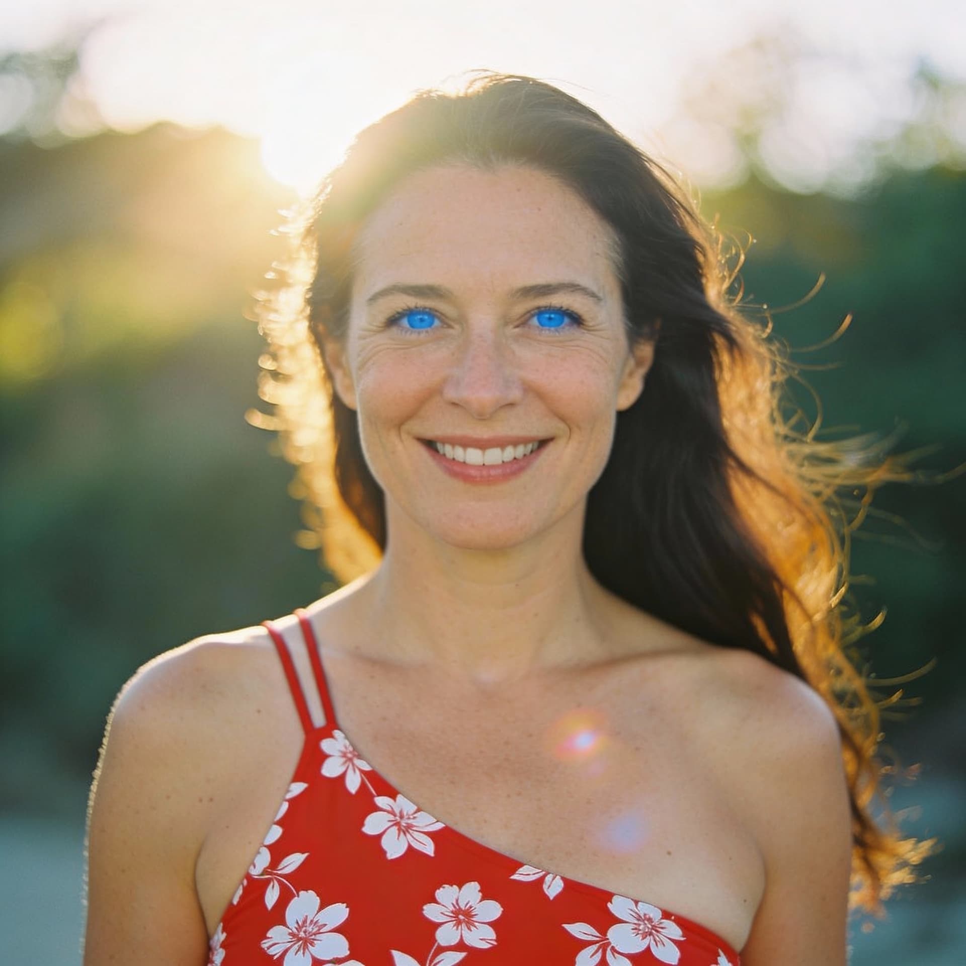 AI generated: A 35mm film photograph of a woman in her 40s, wearing a tight single-shoulder swimsuit with a spaghe...