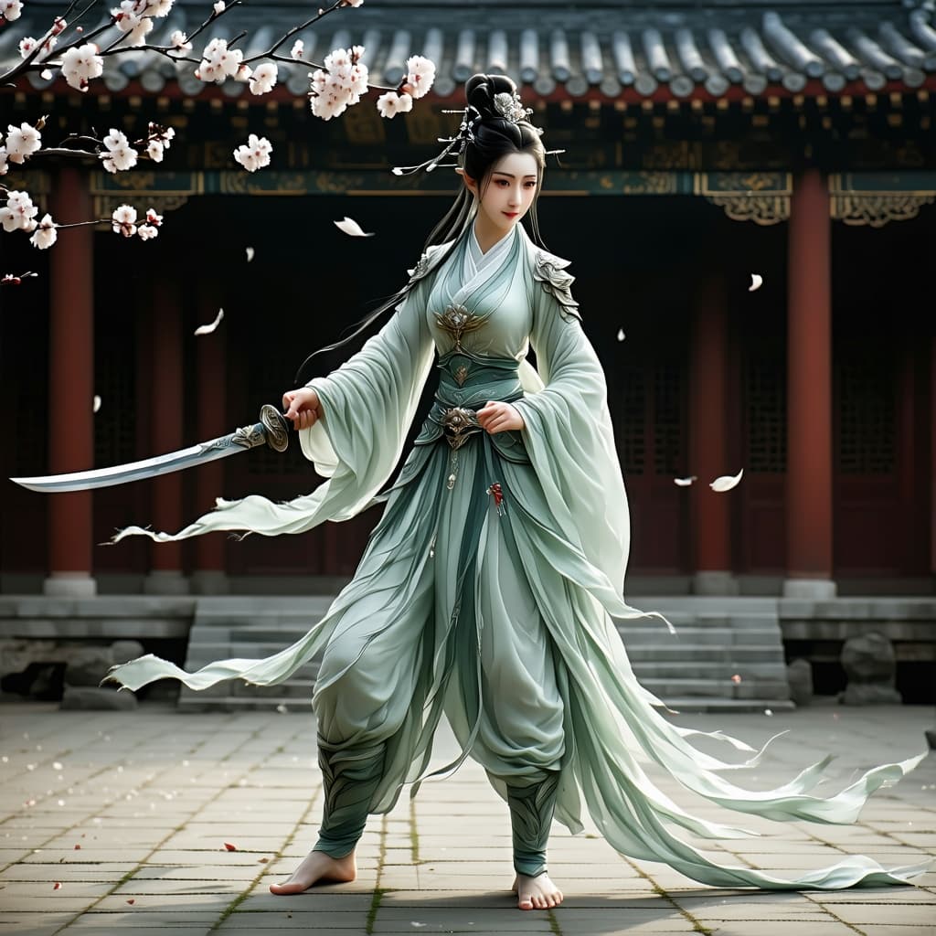 AI generated: Graceful Chinese warrior, Amazon inspiration, barefoot, (((show feet))) full body view, focus on per...