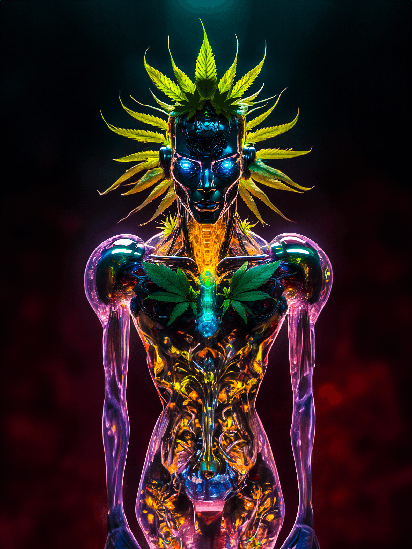 AI generated: high detailed professional upper body photo of android (cannabis) (weed) looking at viewer, unruly f...