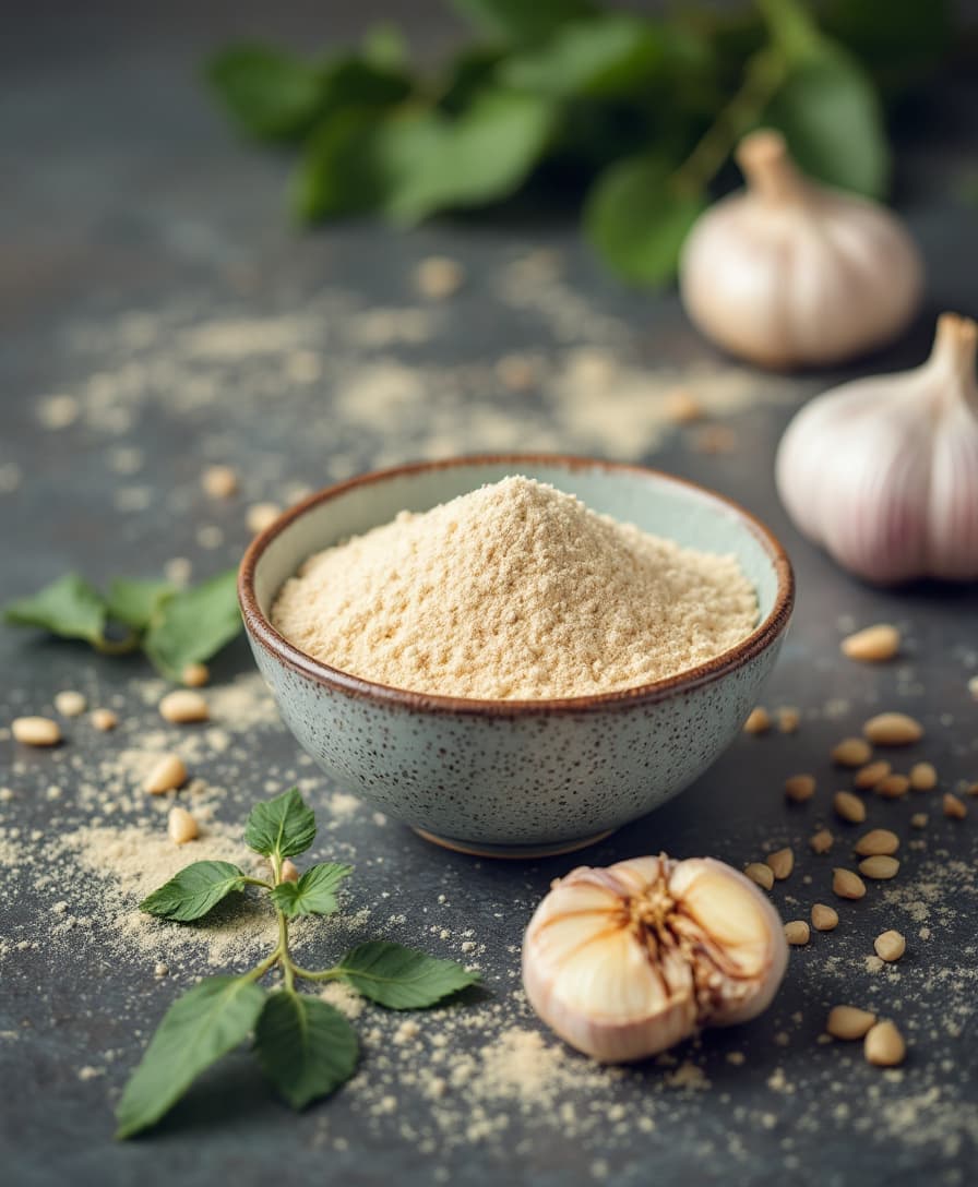 AI generated: garlic powder in a bowl with garlic and curry leaves on the side, on a table, view from straight, th...