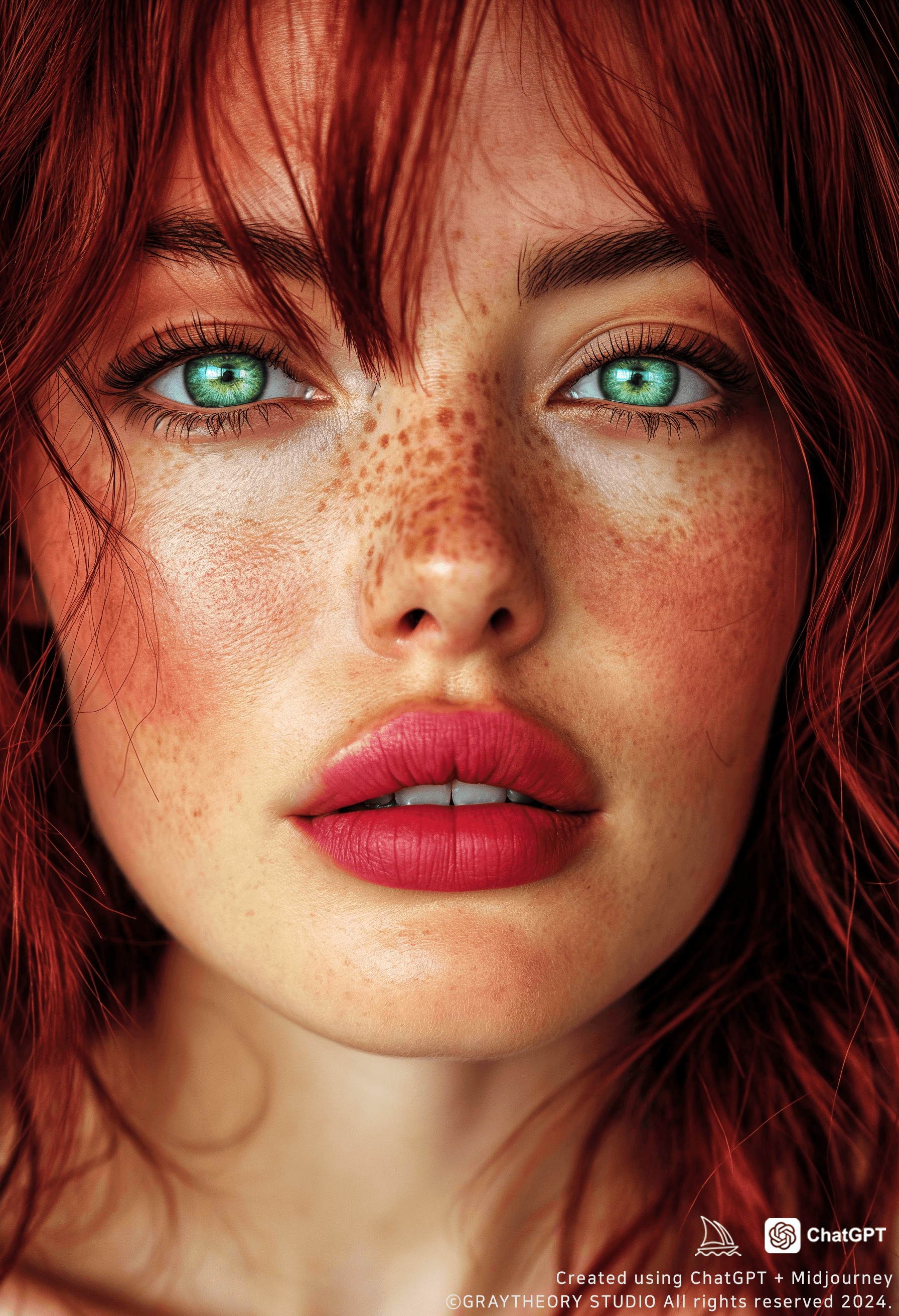 AI generated: cover photo featuring a woman model, burgundy color hair, 300mm f/5. 8, light silver and white, opti...
