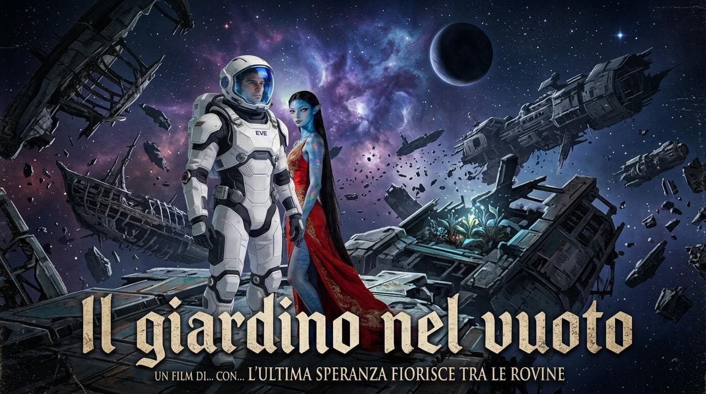 AI generated: Make a simil movie poster with all the Charachter , with title: "Il giardino nel vuto " 16:9 setting...