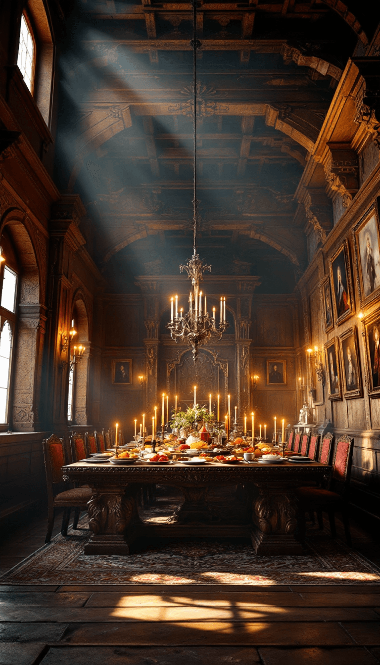 AI generated: photo of a dining room in an old big castle, wooden details, castle style dining table with big thro...