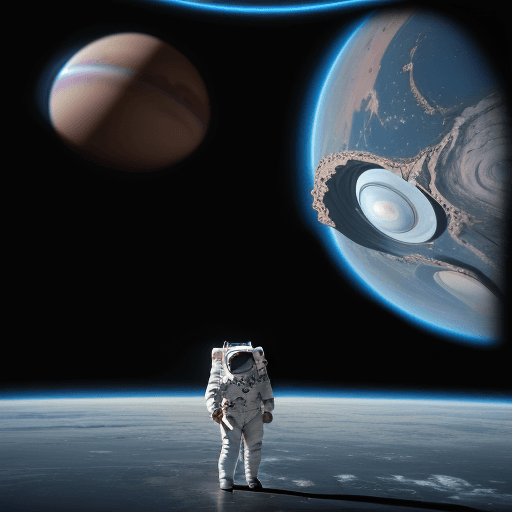 AI generated: Hyper realistic eye level exterior photo of an astronaut standing on a planet looking at 3 gas giant...