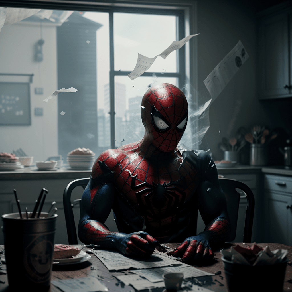 AI generated: a haunted moody photo of spiderman sitting at the table surrounded by messy kitchen, [messy kitchen ...