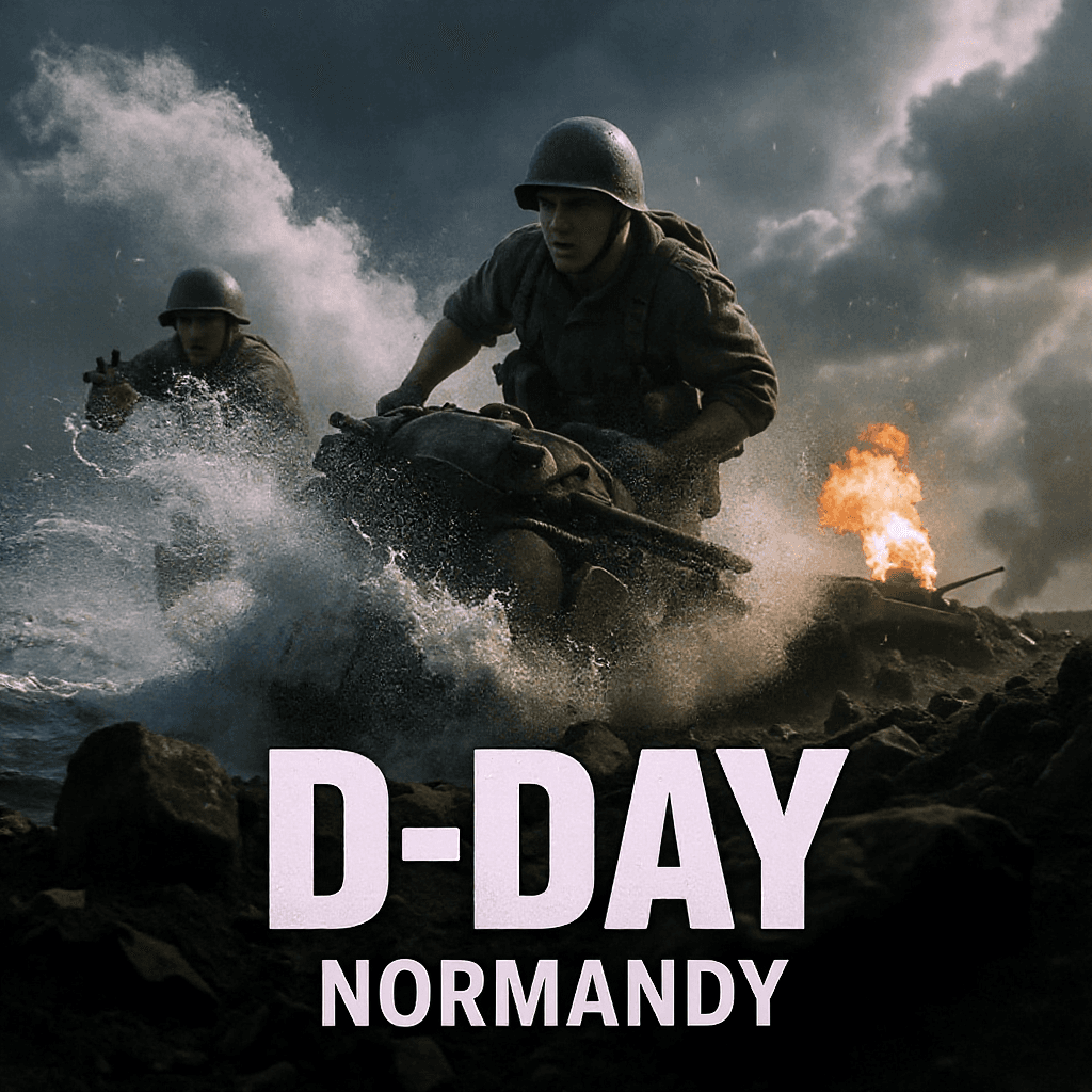 AI generated: Create a dynamic, cinematic image of D-Day. Bottom centered text that says "June 6, 1944 - Normandy"