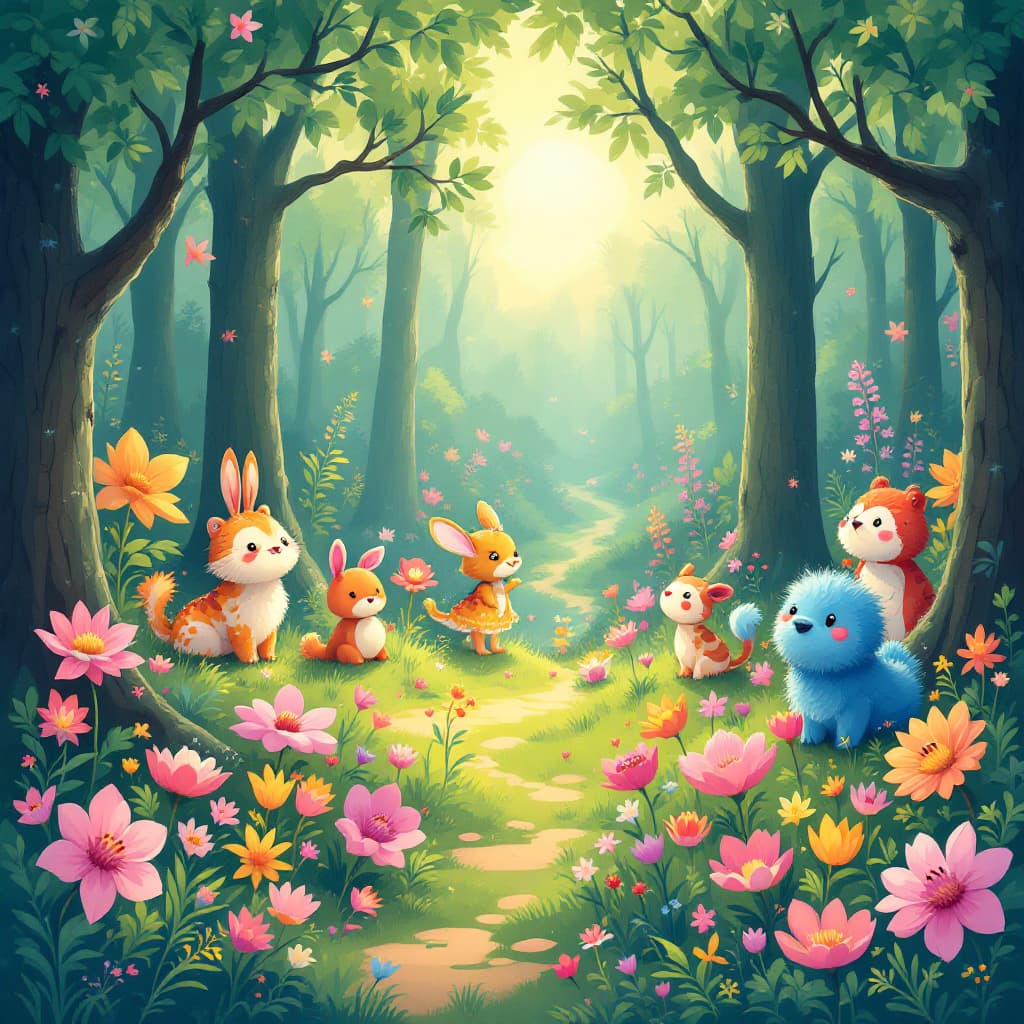 AI generated: A charming fairytale forest filled with colorful, whimsical creatures and oversized flowers, illustr...