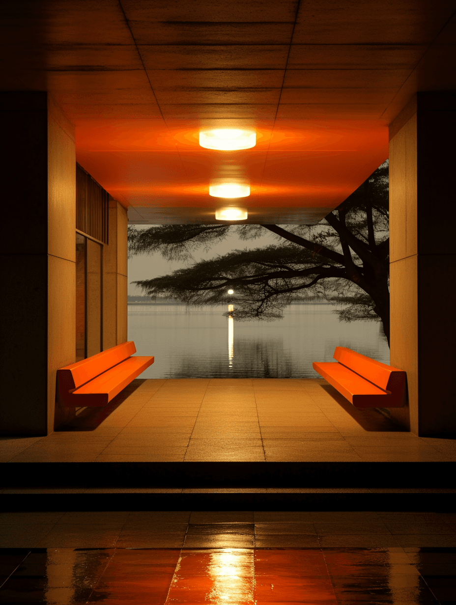 AI generated: The orange light shines on the bench inside an underground parking lot, with a window behind it over...