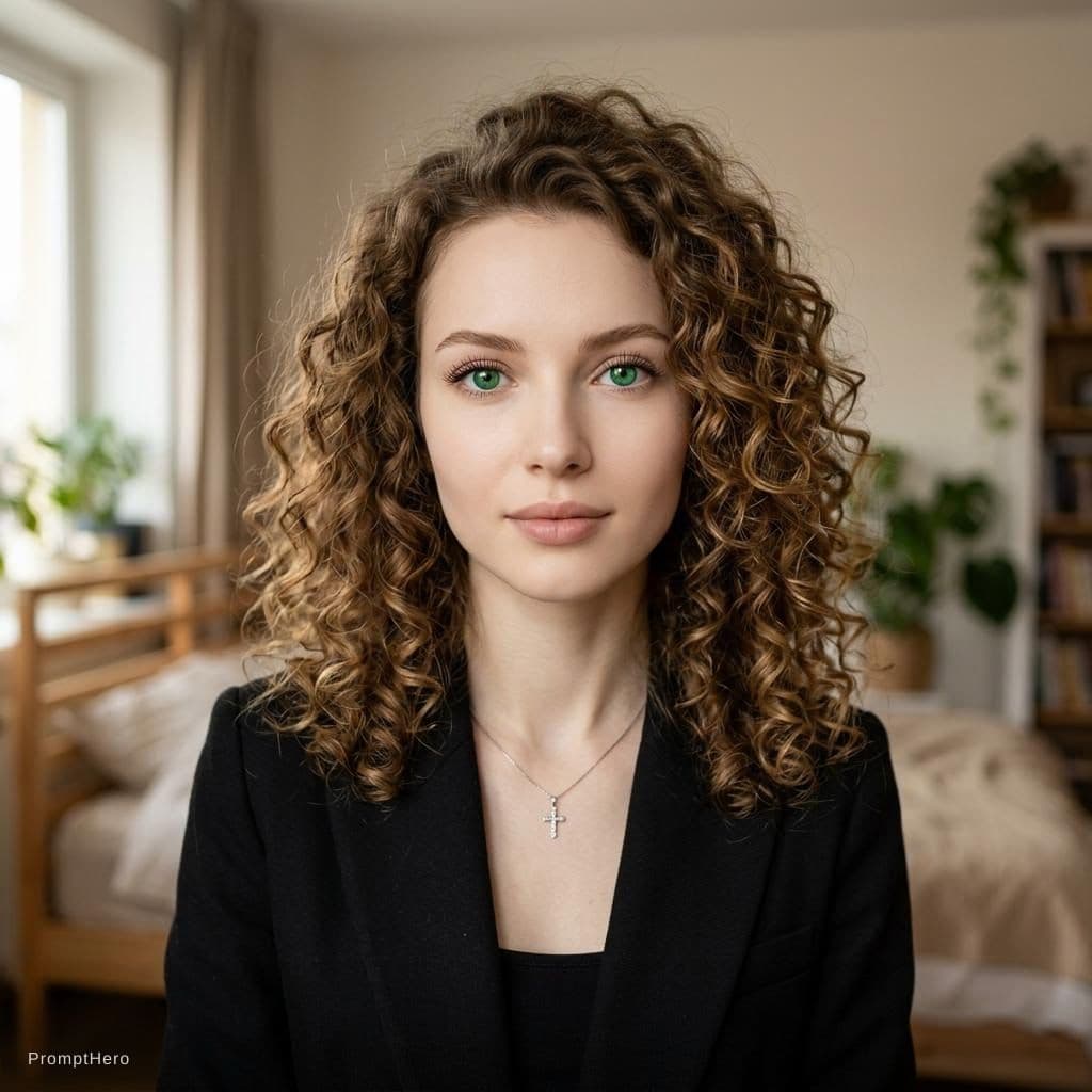 AI generated: photorealistic portrait of a young woman, same pose and composition as reference, same indoor bedroo...