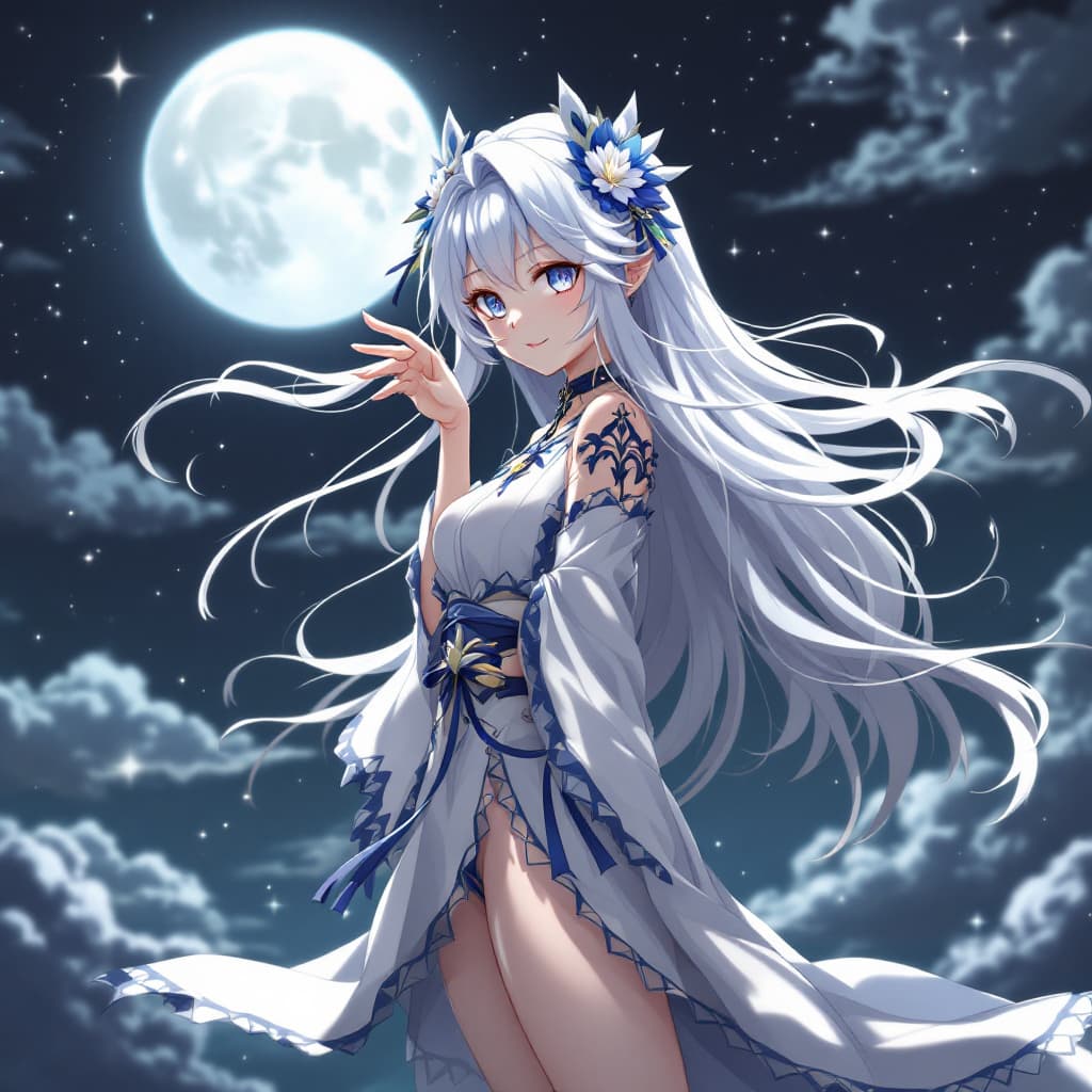 AI generated: a Japanese animated girl that is a moon god that has very long hair.


