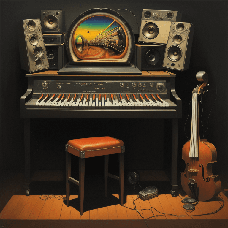 AI generated: music Album cover picture, jazz, surreal art, oil picture, radio, speaker, piano, electronic equipme...