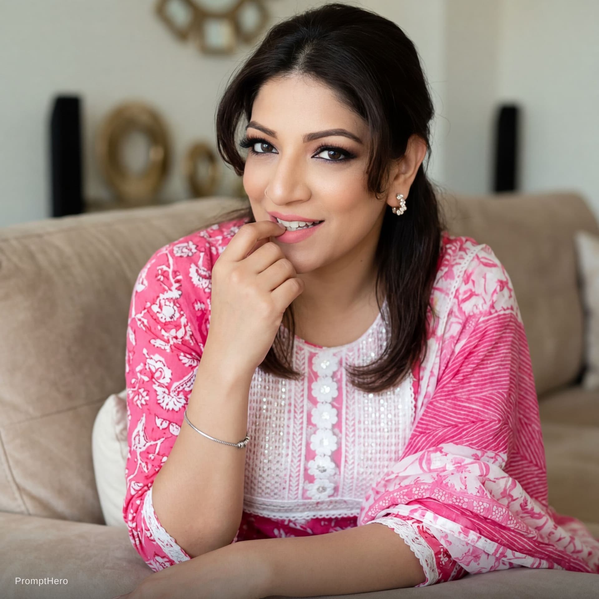AI generated: make her sitting on a couch, close view, teasing, wearing same cleavage outfit, 