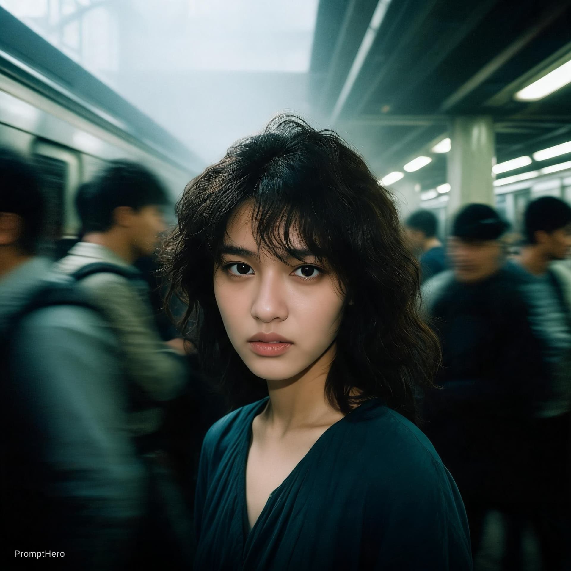 AI generated: Cinematic editorial portrait of a young women in her early twenties standing motionless at the
cente...