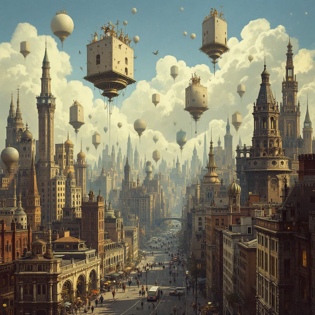 AI generated: A magical realism scene of a bustling city where buildings float in the sky. The style is reminiscen...