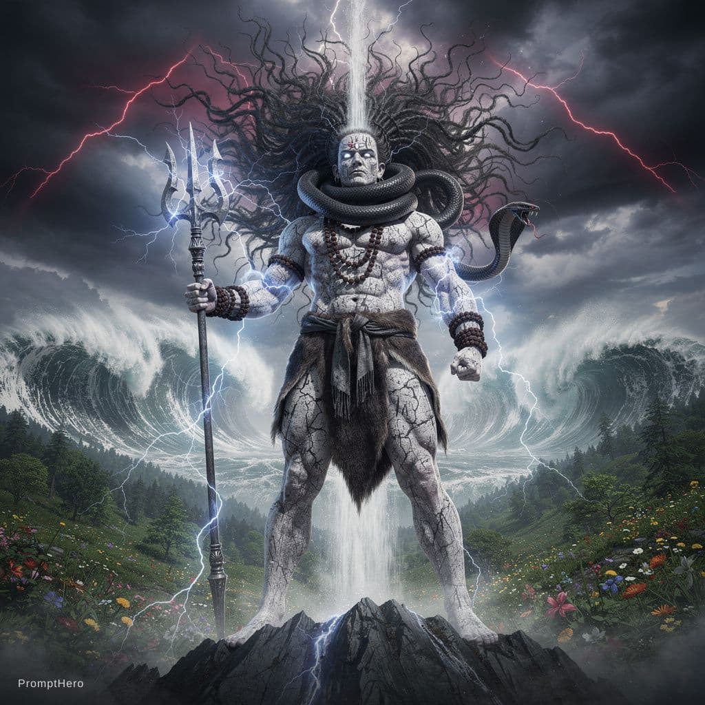 AI generated: "Full-body cinematic POV Hollywood shot of a colossal, mountain-sized Jatadhari Mahakal (Lord Shiva)...