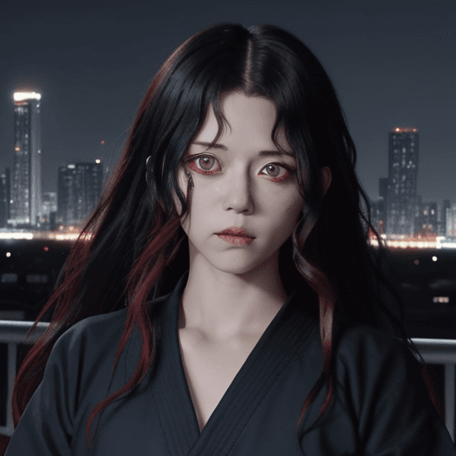 AI generated: Screen cap from the anime jujutsu Kaisen. its a woman with simple red eyes. has small black pupil. t...