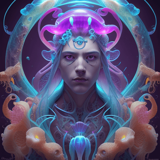 AI generated: Hermes trismegistus close-up portrait ribcagel. jellyfish phoenix head, nautilus, orchid, skull, bet...