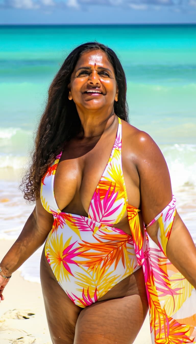 AI generated: INDIAN mature wide is enjoying a relaxing day on a sunny beach, basking in the warmth of the golden ...