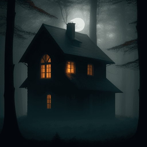 AI generated: A lonely house stands in a forest surrounded by thick fog. Warm light pours from the window of the h...