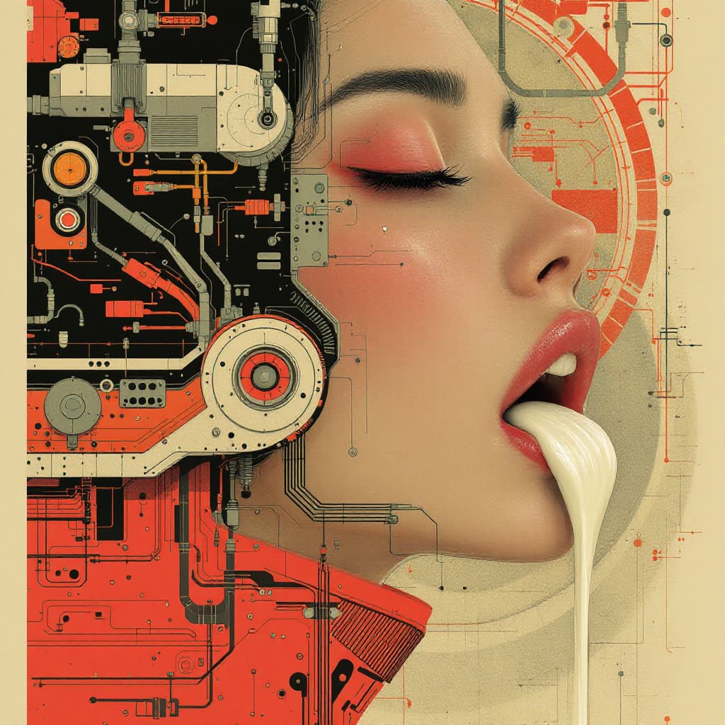 AI generated: A side view face of a beautiful asian woman in the style of retro futuristic propaganda, her eyes ar...