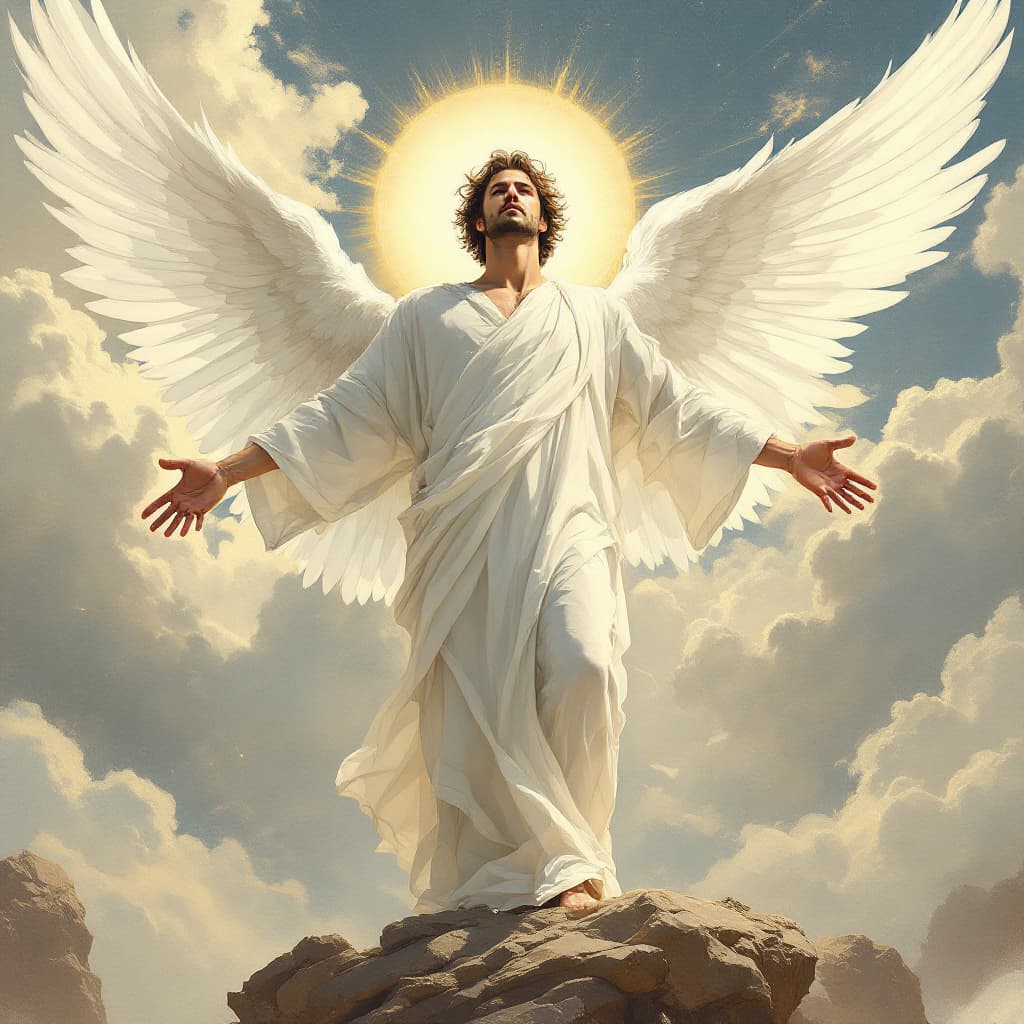 AI generated: an artist's drawing of a male masculine strong angel with pure white robe standing in the sky with h...
