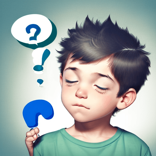 AI generated: An cute boy scratching his head while thinking. A speech cloud bubble above the boy's head has a que...