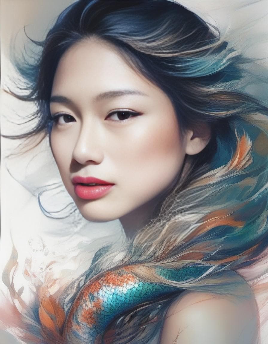 AI generated: close up of a beautiful mermaid, sultry facial expression, narcissism, elegant, Inks and Shadows, co...