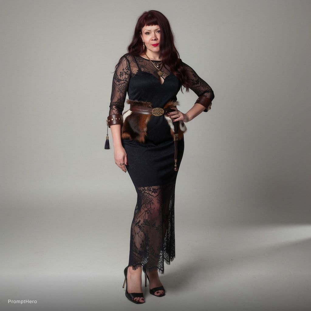 AI generated: a stunning instagram model in black with open high heels, open lace luxury dress, in the style of mu...