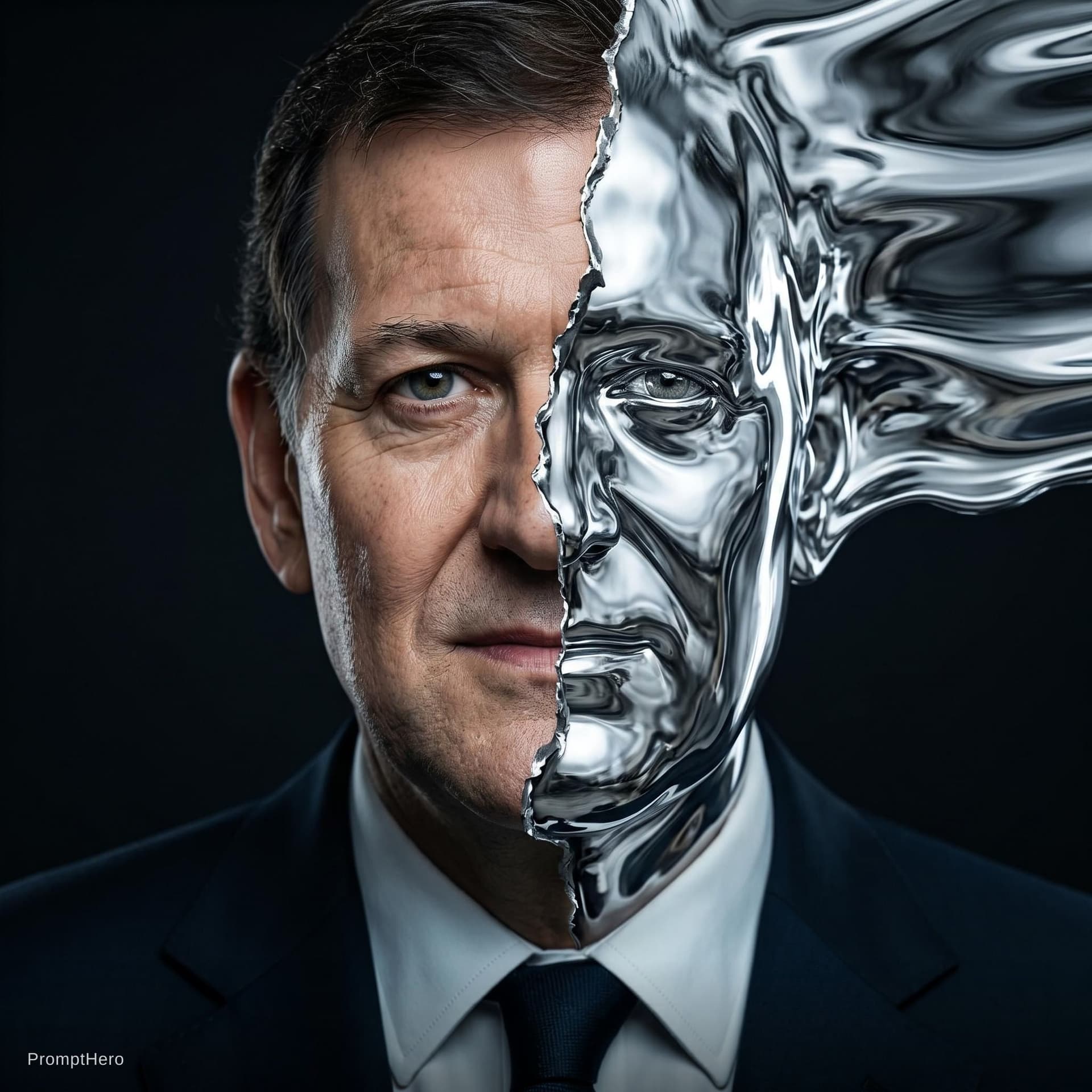 AI generated: A dramatic,front-facing close-up portrait of Mariano Rajoy in a suit,reminiscent of the T-1000 from ...