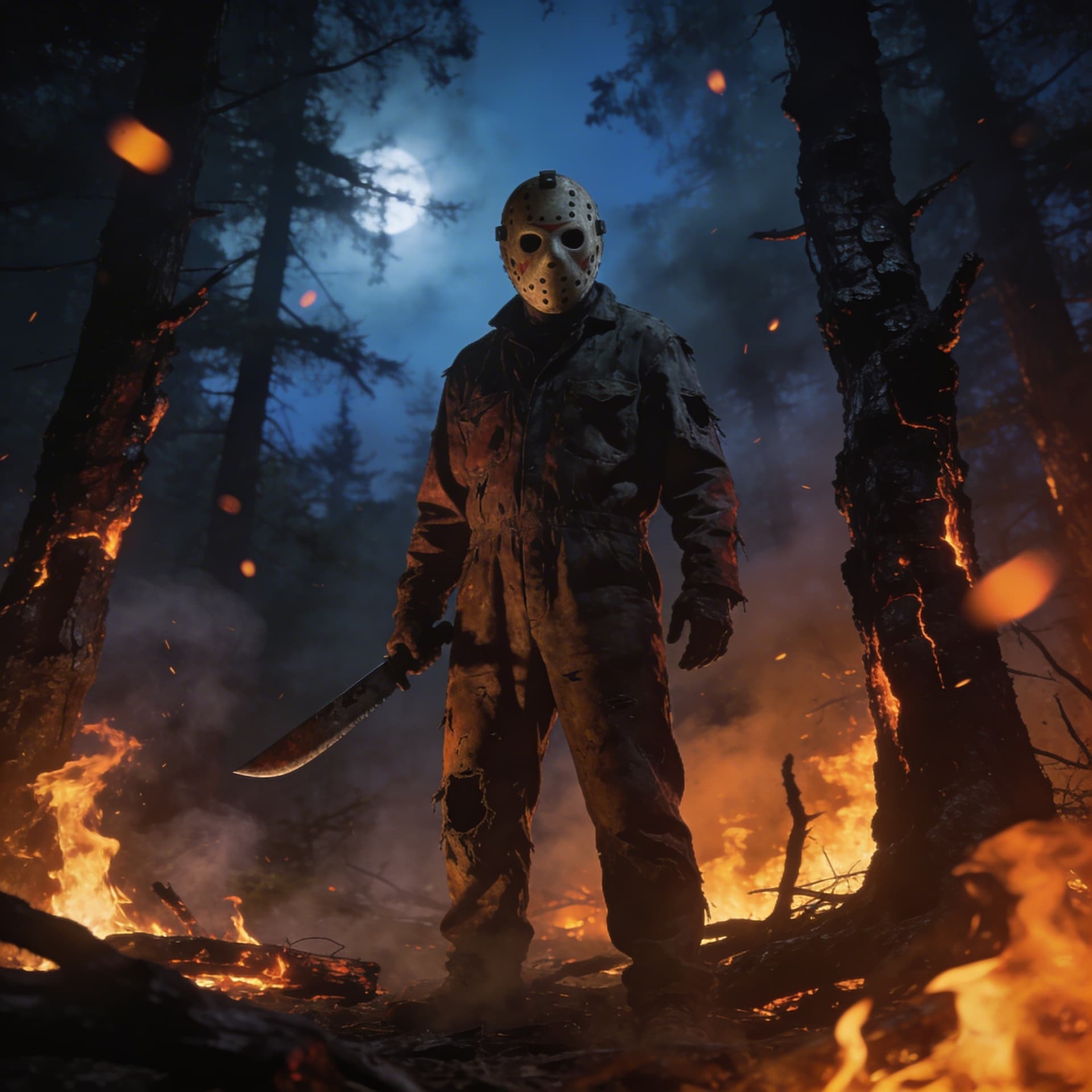 AI generated:  Jason Voorhees, known from the "Friday the 13th" horror series, standing in a forest ,misty,epic, t...