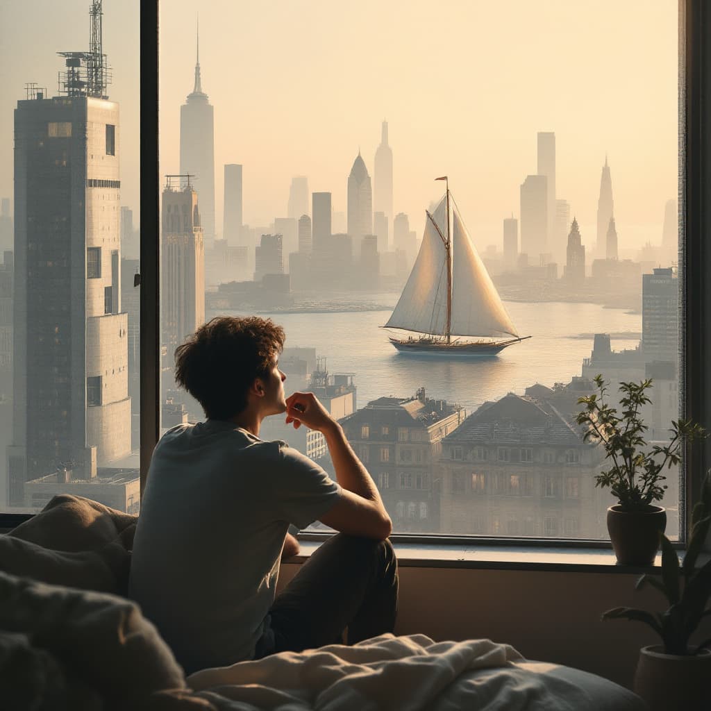 AI generated: A young man sitting by a window in a cozy, urban apartment, gazing thoughtfully at the city skyline....