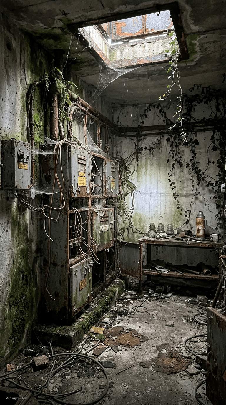 AI generated: An abandoned underground electrical room, creepy, dirty, dusty, overgrown