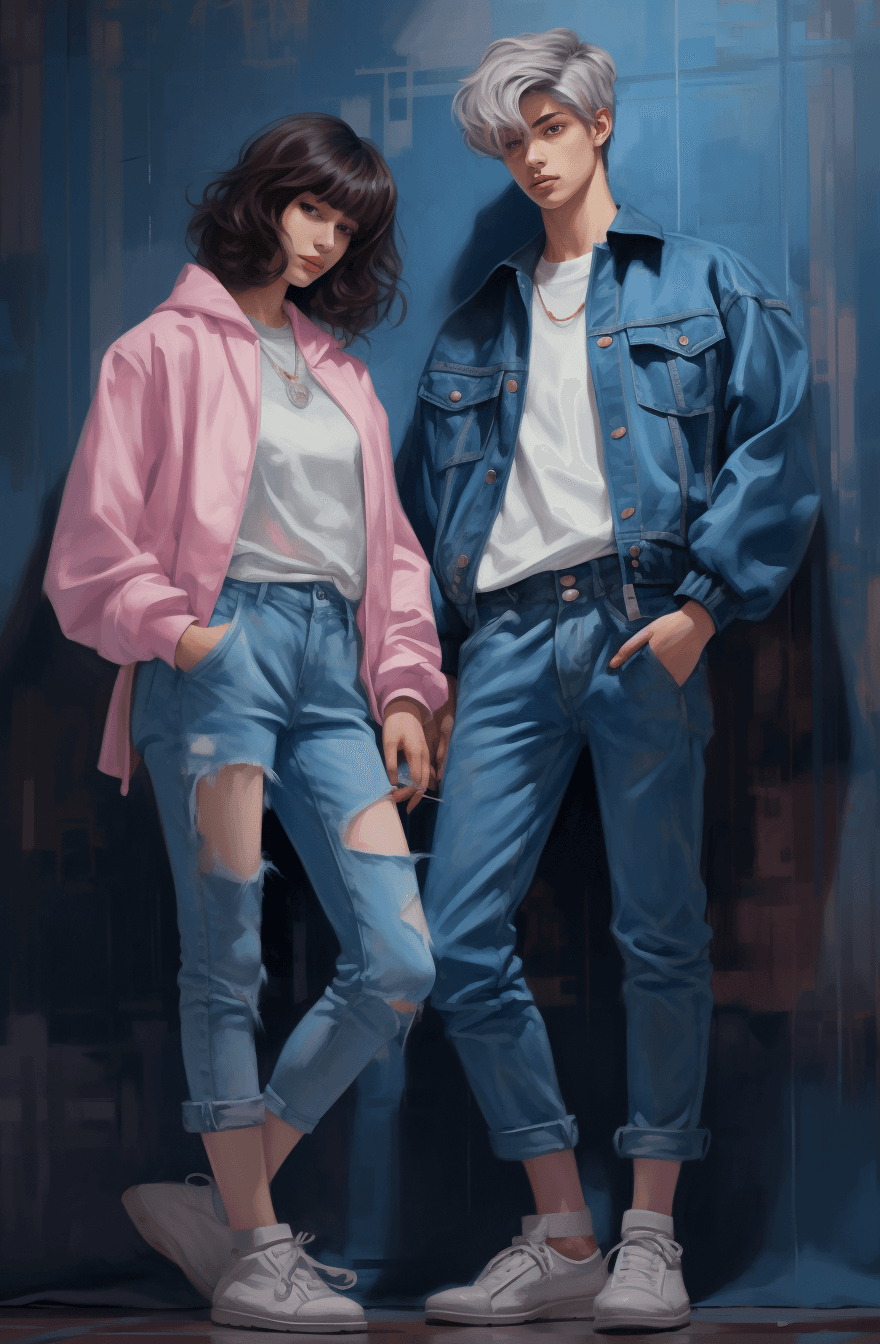 AI generated: Painting of two boys in blue jeans and pink jackets, in the style of daz3d, romantic motifs, barbiec...