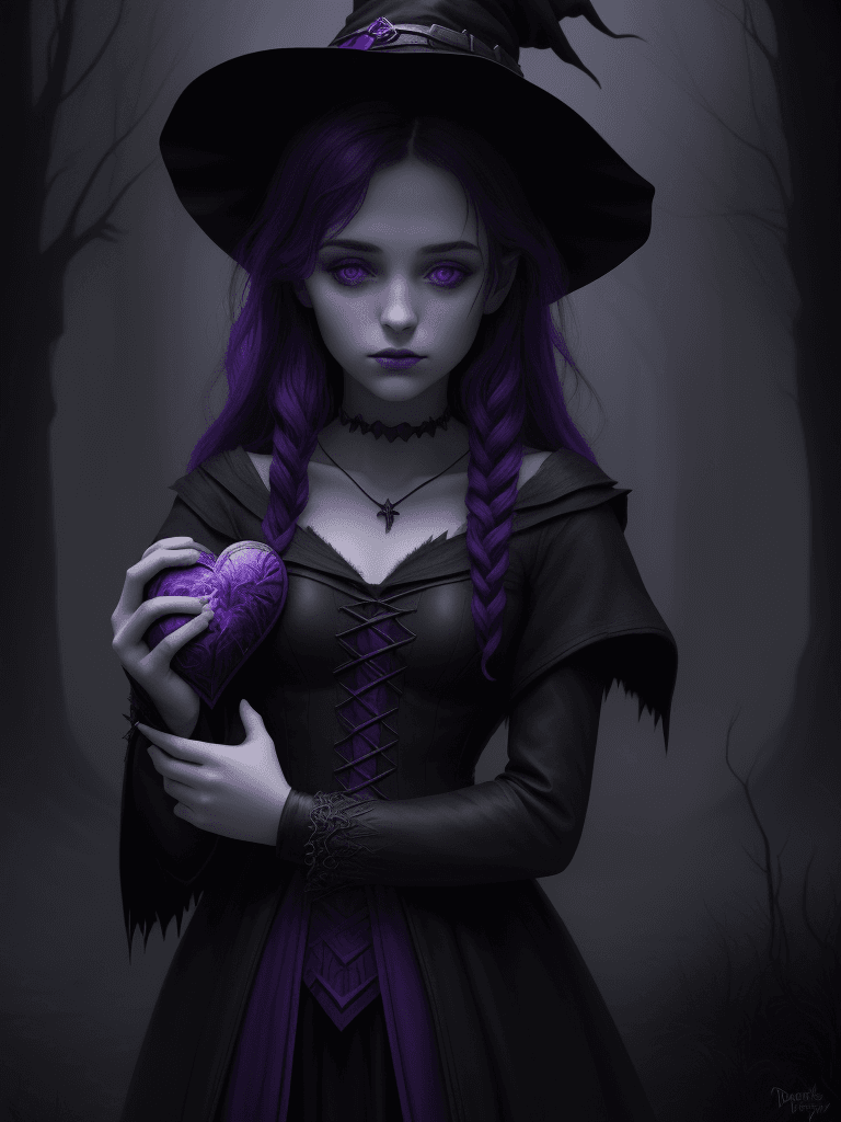 AI generated: a young witch holding a frozen heart, in the style of dark purple and dark gray, matte painting, dar...
