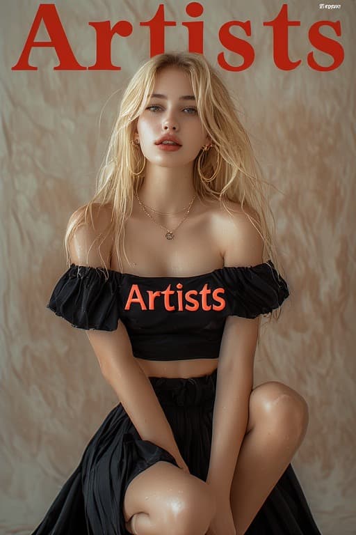 AI generated: A stunning blonde woman posing elegantly for a magazine cover, wearing a black off-the-shoulder crop...