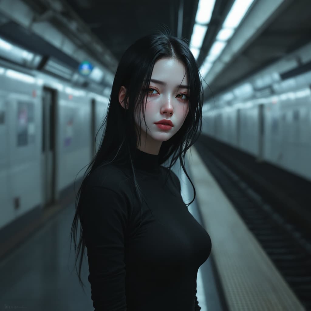 AI generated: Female, Young adult female, long black hair, sleepy dark brown eyes, very pale, wearing black tight ...
