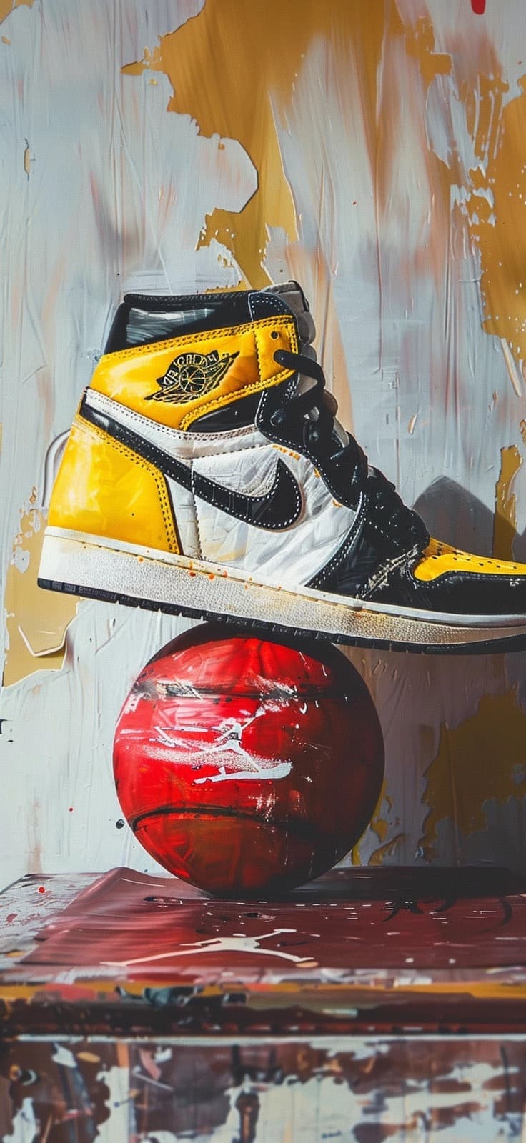 AI generated: Nike Air Jordan black and yellow stands on a red nylon ball, against a white wall, a painting in the...