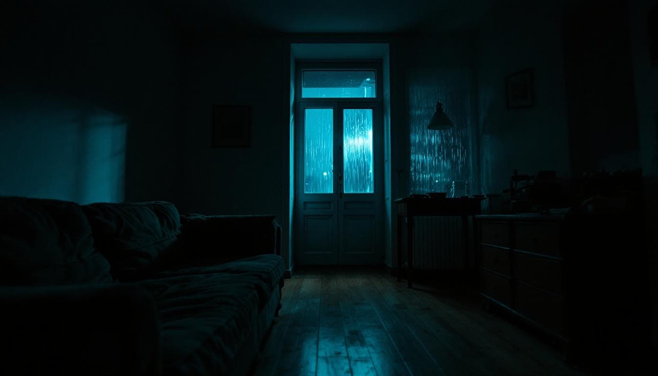 AI generated: Cinematic, ultra-realistic POV shot inside a small Berlin apartment at night. Very low, moody lighti...