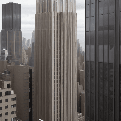 AI generated: a tall metal building with large windows, in the style of witty and clever cartoons, telephoto lens,...